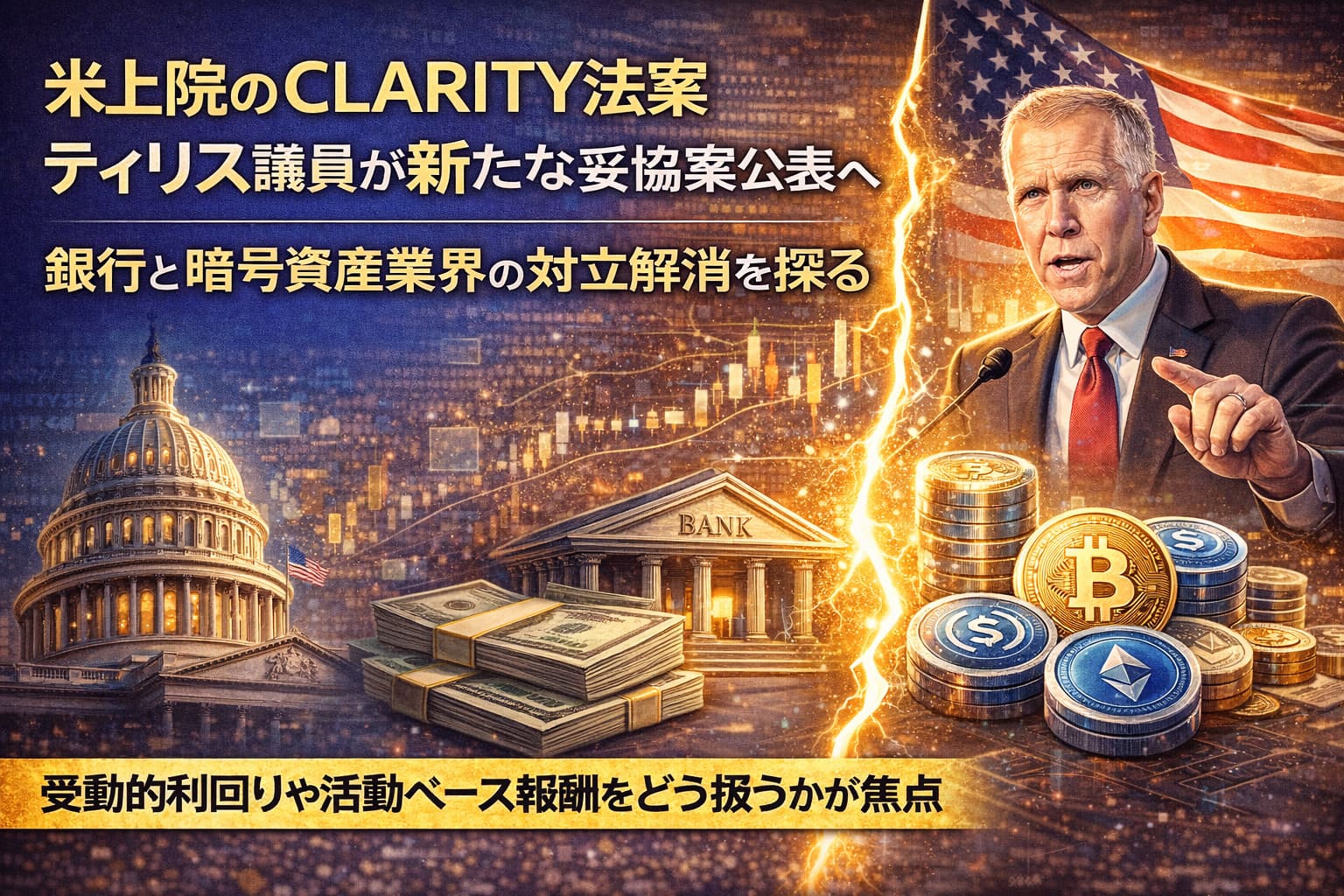 米上院のCLARITY法案、ティリス議員が新たな妥協案公表へ 銀行と暗号